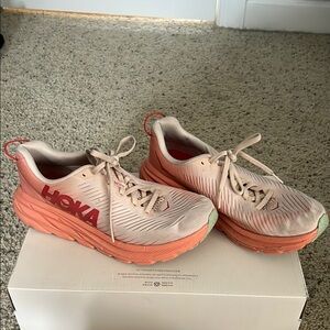 Hoka Coral and Beige Running Shoes
